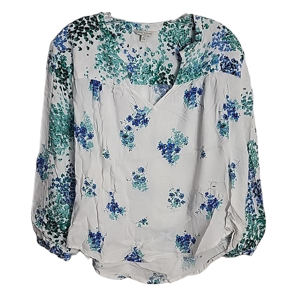 Lucky Brand White Blouse with Blue/Green Floral Pattern, Large